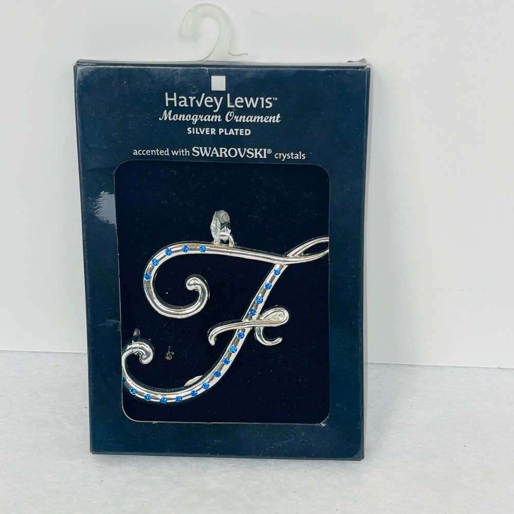 Harvey Lewis Monogram Ornament Letter F Silver Plated Swarovski Crystals Blue